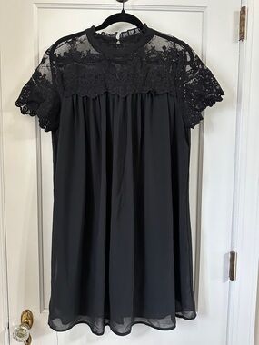 Black Lace Yoke Mini Dress - Elegant Short Sleeve